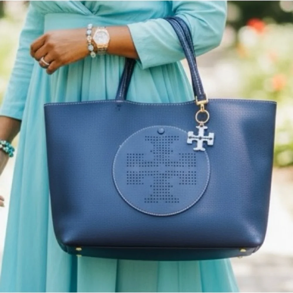 TORY BURCH Navy Blue Leather Perforated Logo Tote, Authentic. EUC